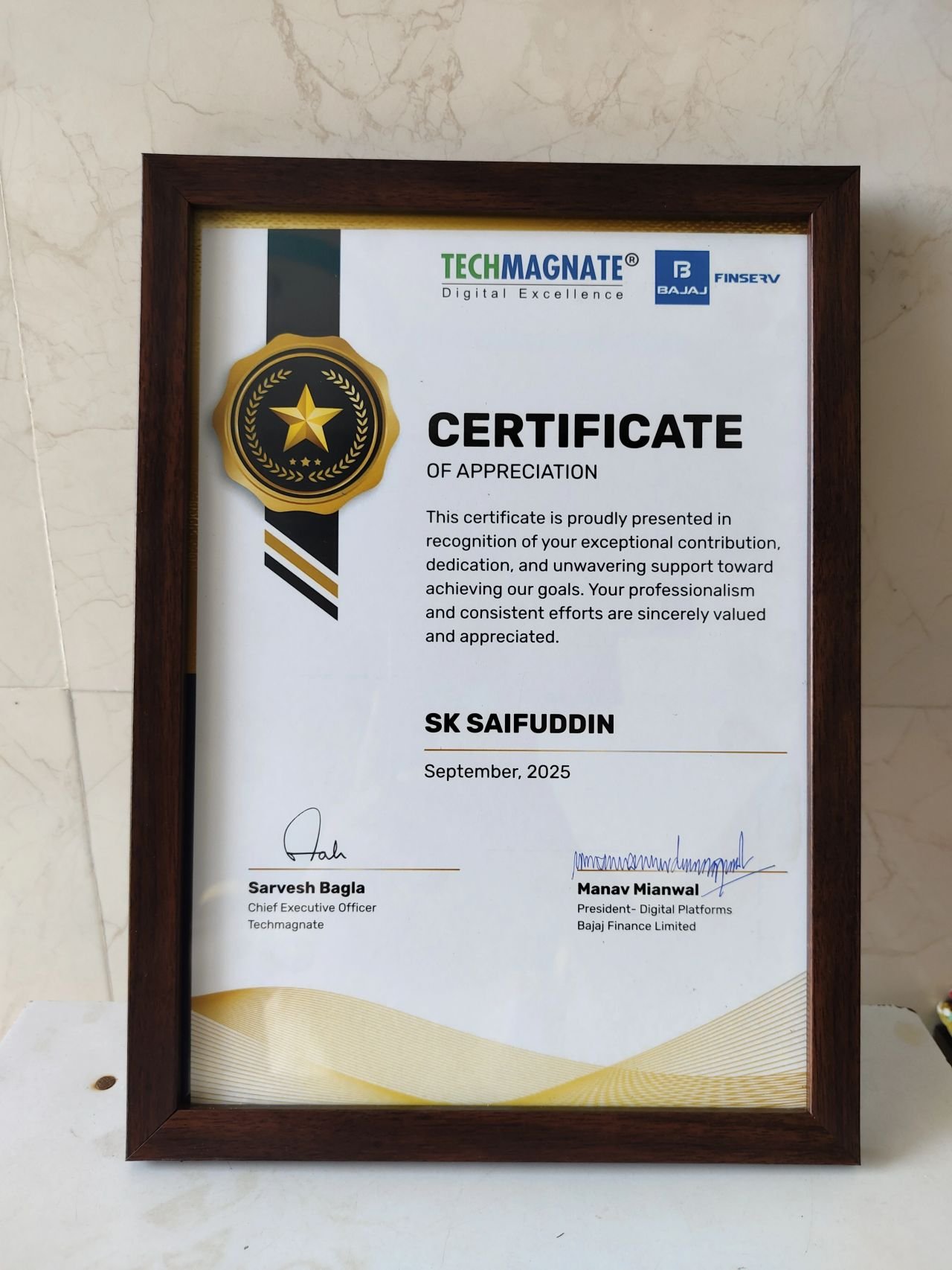 Certificate of Appreciation from Techmagnate and Bajaj Finserv awarded to SK Saifuddin, September 2025