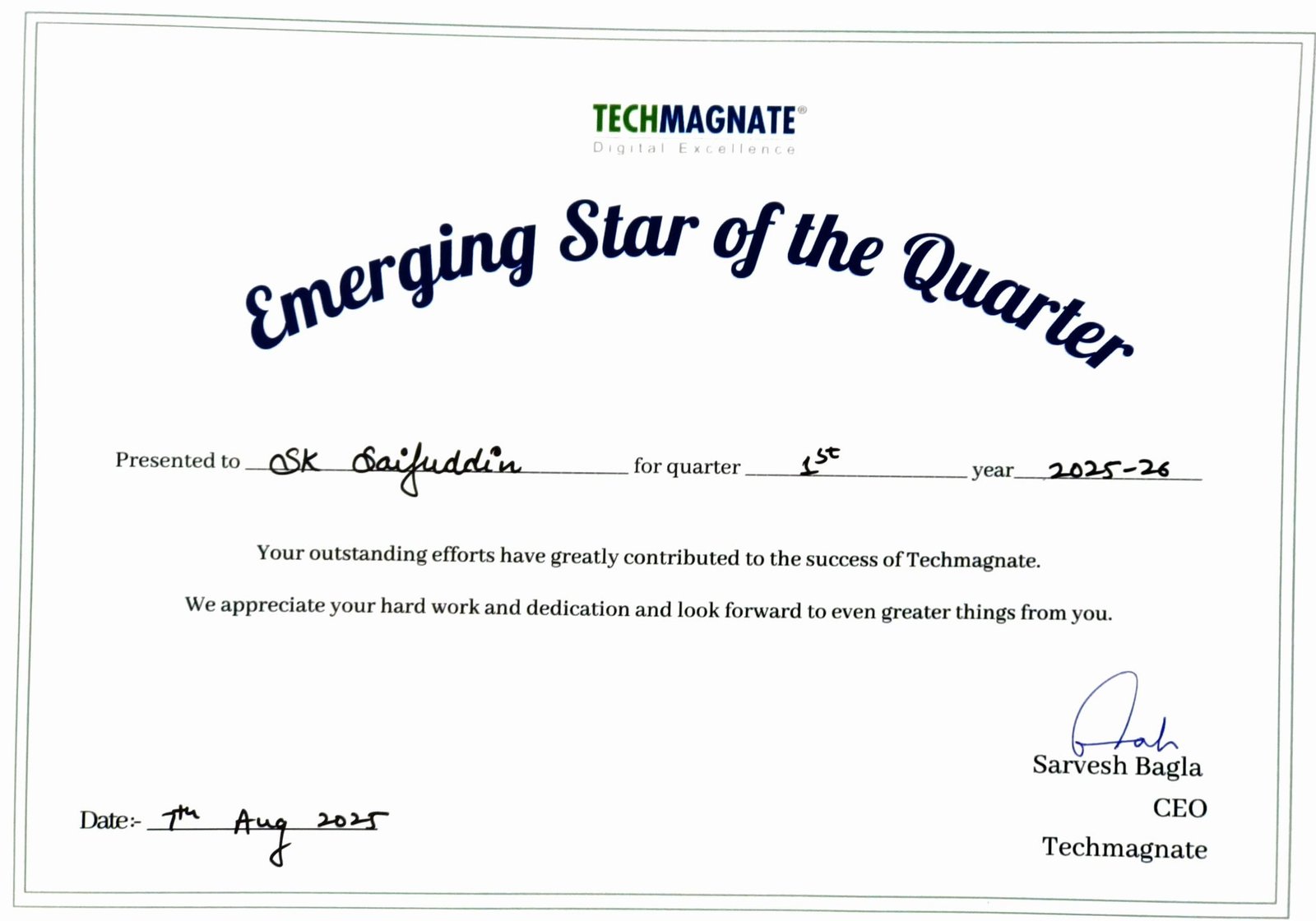 Emerging Star of the Quarter certificate presented to SK Saifuddin by Techmagnate