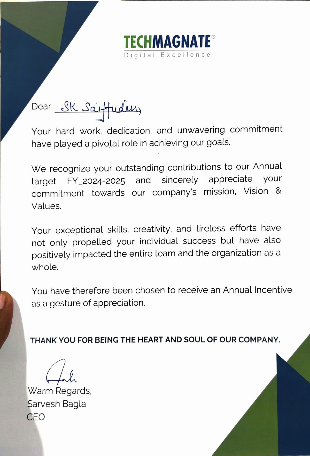 Letter from Techmagnate awarding SK Saifuddin an annual incentive for contribution to the FY 2024-25 target